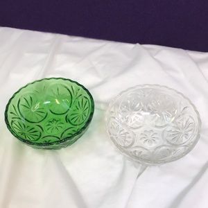 2 Vintage Starburst Glass Bowls ~ Green & Clear